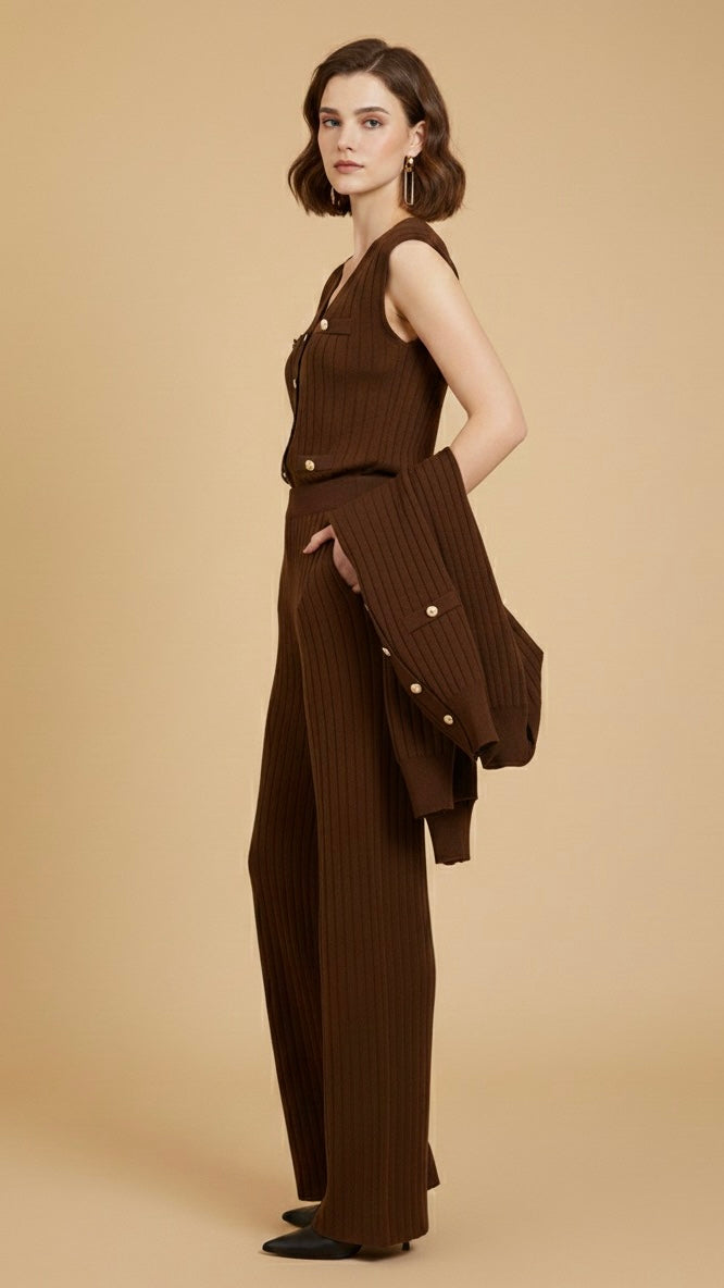 Ensemble 3 Pièces Tricot Côtelé Marron Chic (Top, Pantalon, Veste)