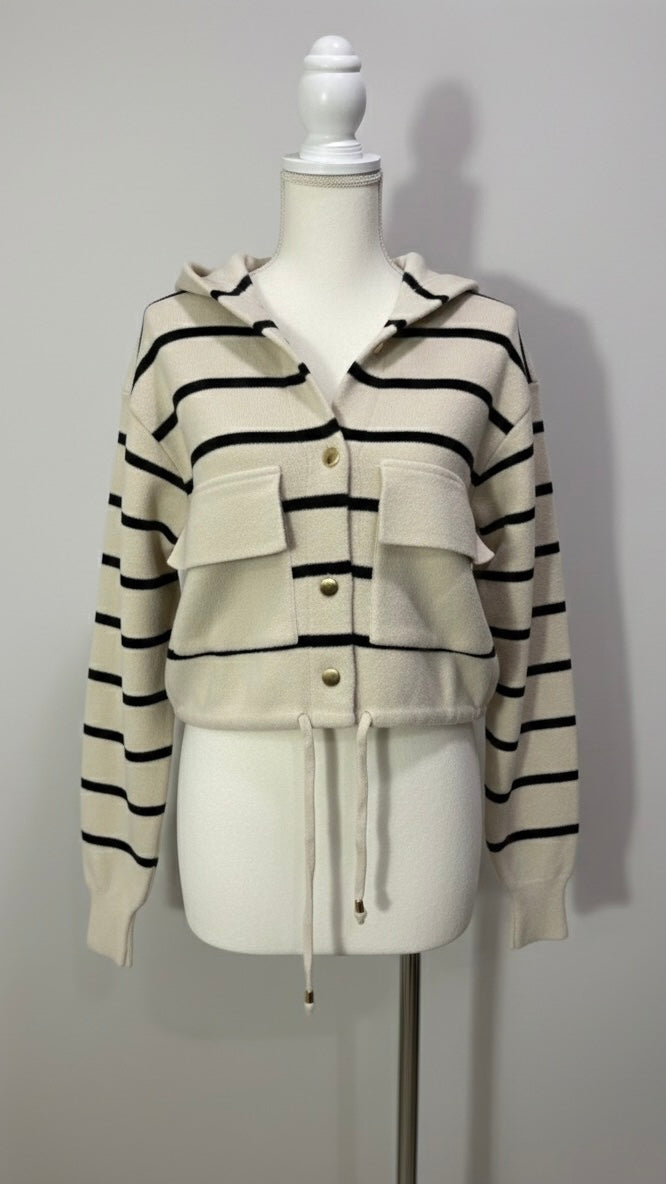 Veste en Maille Rayée avec Capuchon et Cordon de Serrage