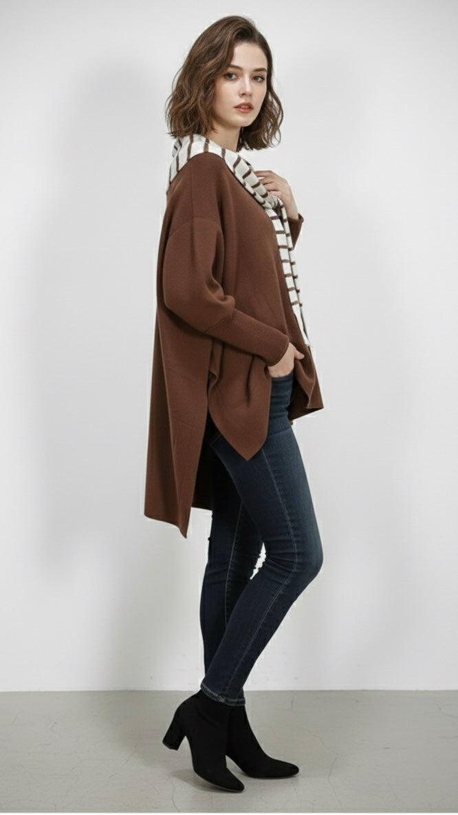 Pull Femme Coupe Ample Marron Col Bateau Écharpe Rayée