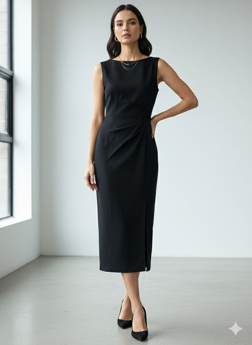 Robe Crayon Ajustée avec Fente et Effet Froncé