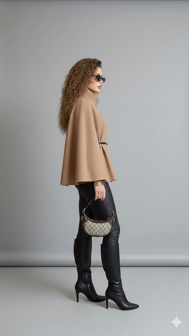 Solid Waist Tie Elegant Chic Wool Cape Christmas Outerwear