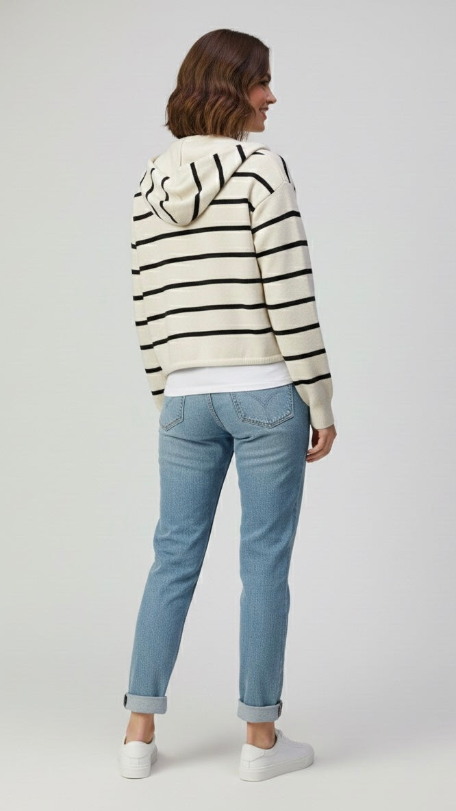 Veste en Maille Rayée avec Capuchon et Cordon de Serrage