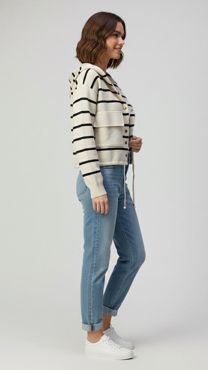 Veste en Maille Rayée avec Capuchon et Cordon de Serrage