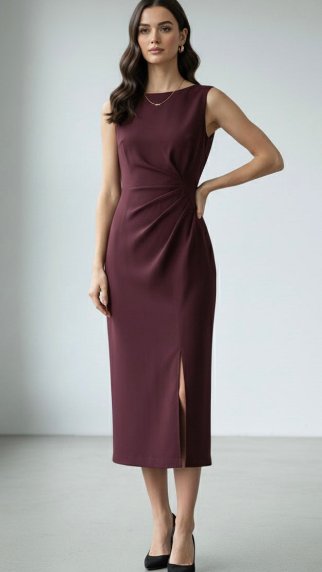 Robe Crayon Ajustée avec Fente et Effet Froncé