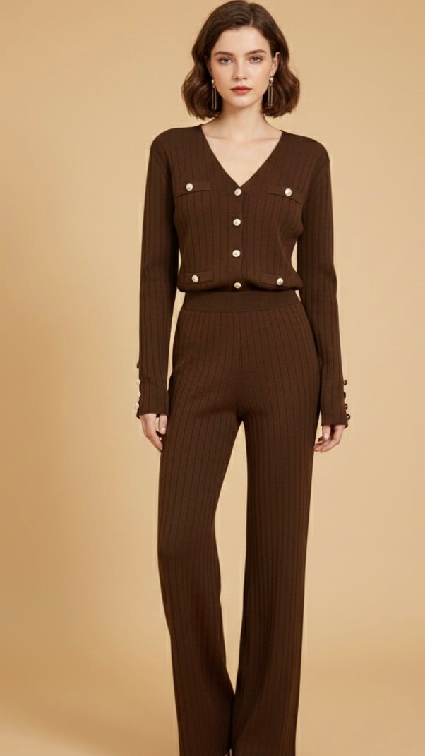 Ensemble 3 Pièces Tricot Côtelé Marron Chic (Top, Pantalon, Veste)