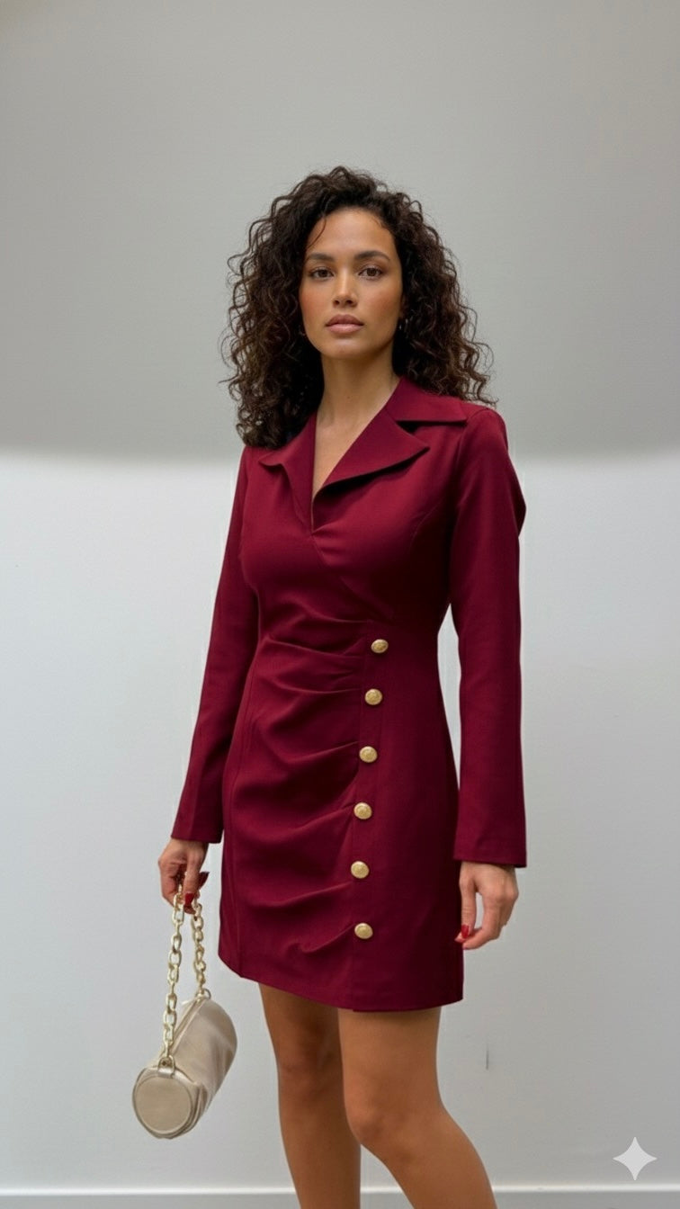 Robe Courte Style Blazer Ajustée à Boutons Dorés