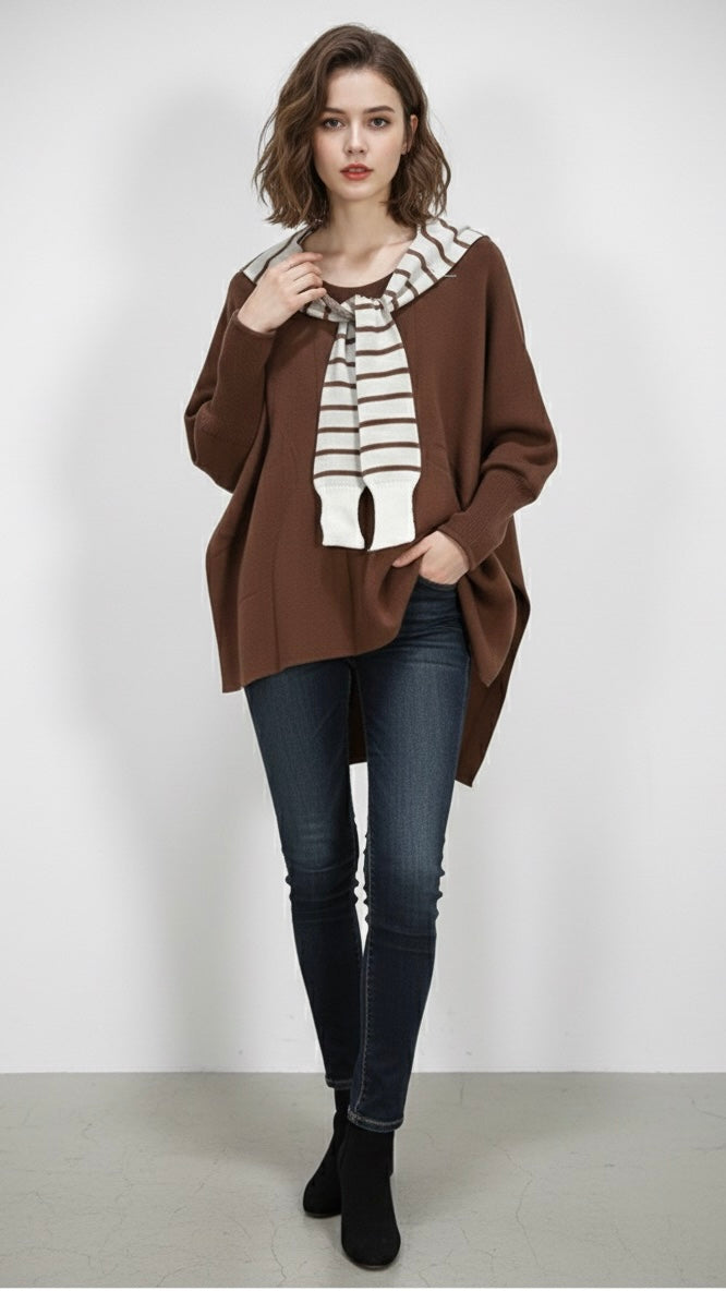 Pull Femme Coupe Ample Marron Col Bateau Écharpe Rayée