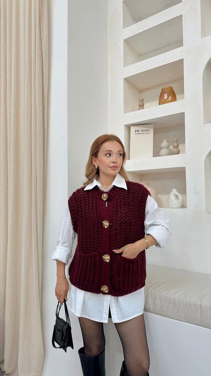 Gilet sans Manches en Maille Épaisse Couleur Vin