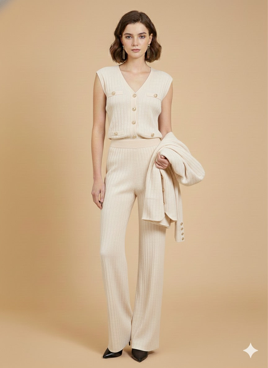 Ensemble 3 Pièces Tricot Côtelé Marron Chic (Top, Pantalon, Veste)