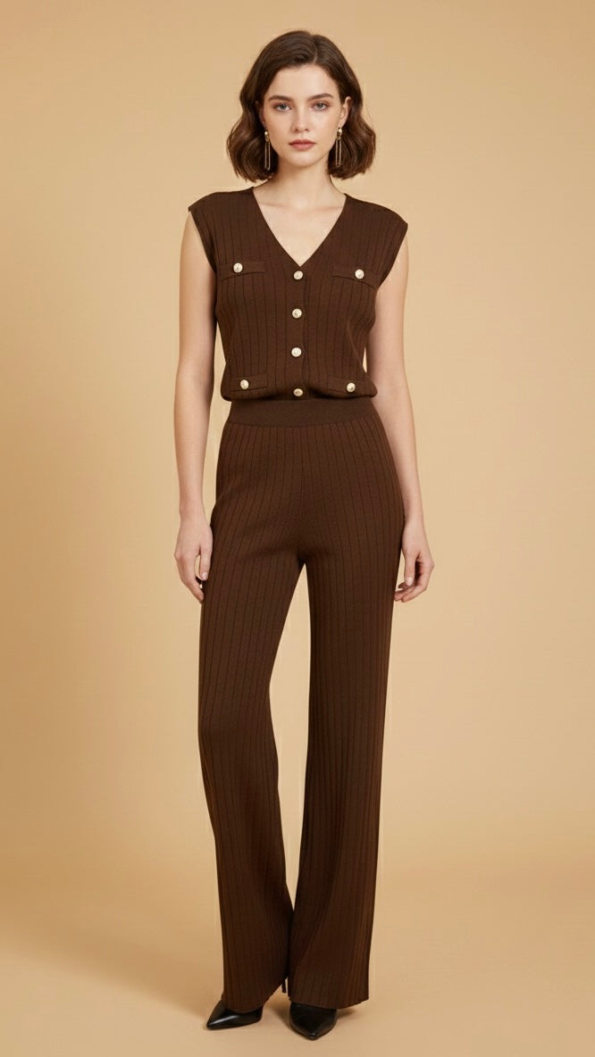Ensemble 3 Pièces Tricot Côtelé Marron Chic (Top, Pantalon, Veste)