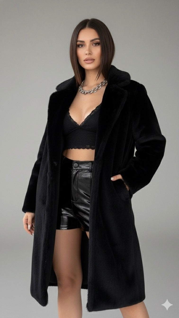 Manteau long en fourrure noire