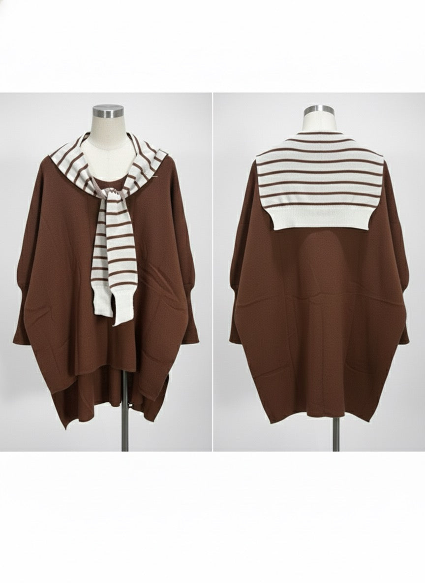 Pull Femme Coupe Ample Marron Col Bateau Écharpe Rayée