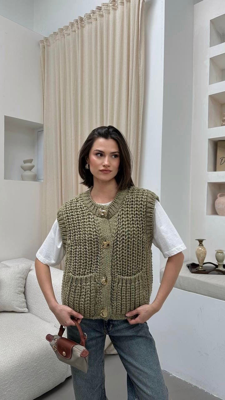 Gilet sans Manches en Maille Épaisse Couleur Vin