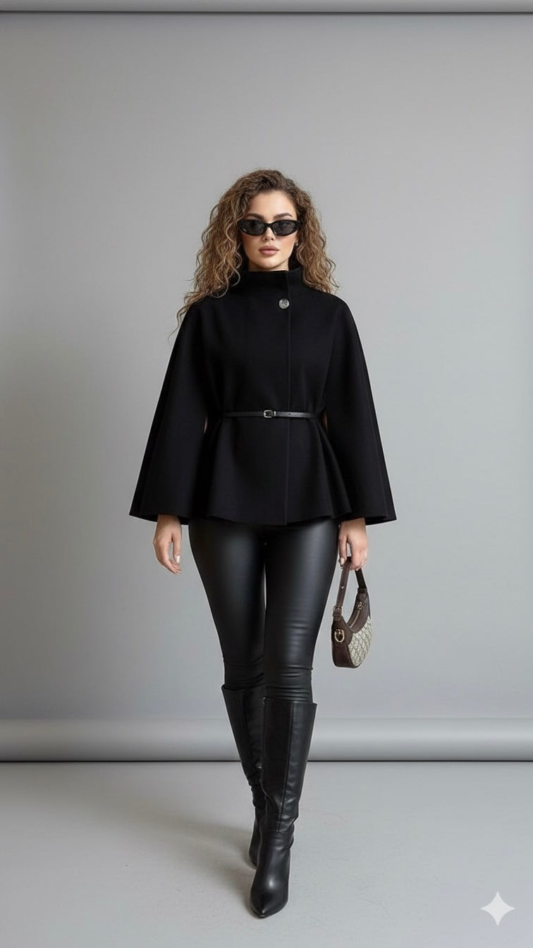 Solid Waist Tie Elegant Chic Wool Cape Christmas Outerwear