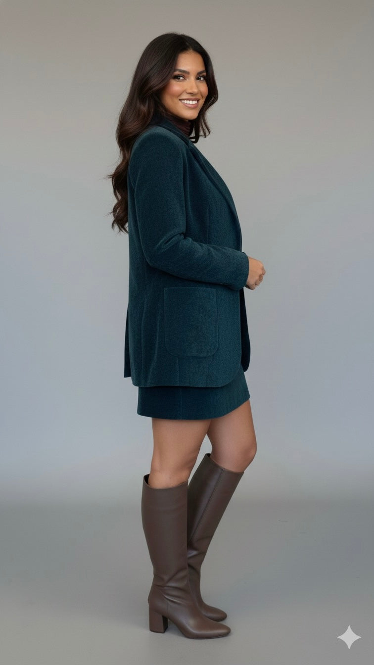 Ensemble jupe & blazer en velours premium – Bleu pétrole