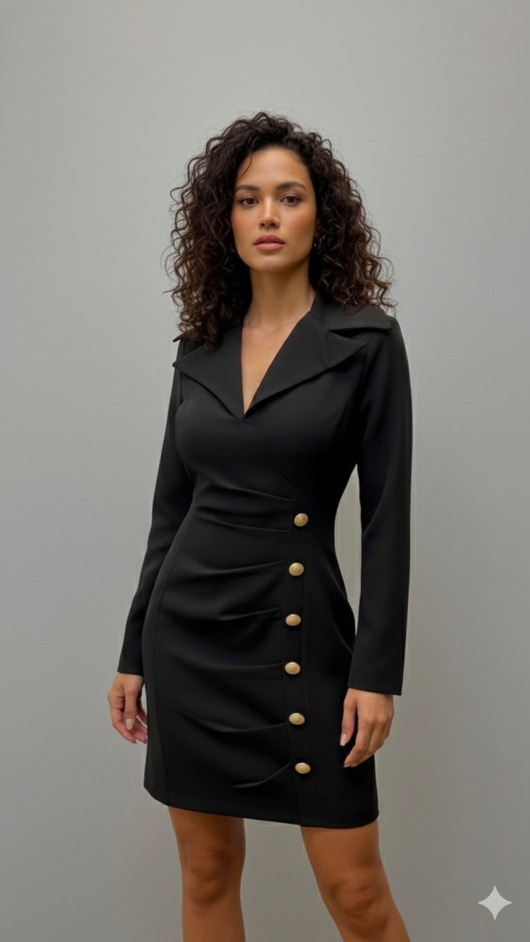 Robe Courte Style Blazer Ajustée à Boutons Dorés