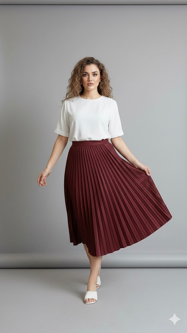 Jupe Plissée à Taille Haute - Longueur Midi